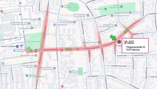 Kartenausschnitt mit Anfahrtsroute zur Physiopraxis Binder, Pfingstrosenstraße 53, München.