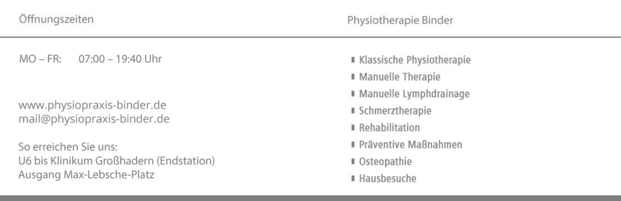 Rückseite der Visitenkarte mit Öffnungszeiten und Leistungsübersicht (Physiotherapie, Manuelle Therapie, Lymphdrainage, Osteopathie, Hausbesuche).