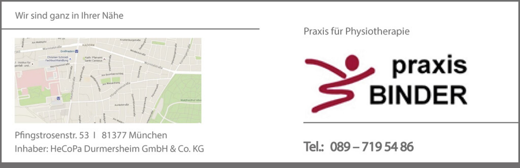 Vorderseite der Visitenkarte der Physiopraxis Binder mit Kartenausschnitt, Praxislogo, Adresse und Telefonnummer.