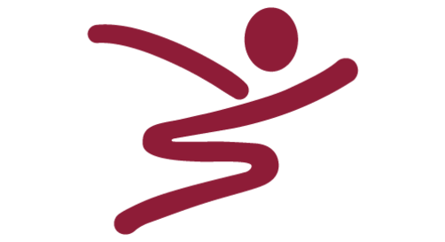 Praxislogo-Icon: stilisierte laufende Figur in Bordeauxrot.